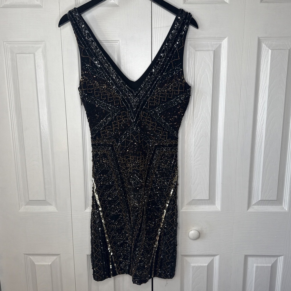 Hale Bob Beaded Sequin Dress Black Geometric Art Deco V-Neck Cocktail Medium M - Picture 9 of 15